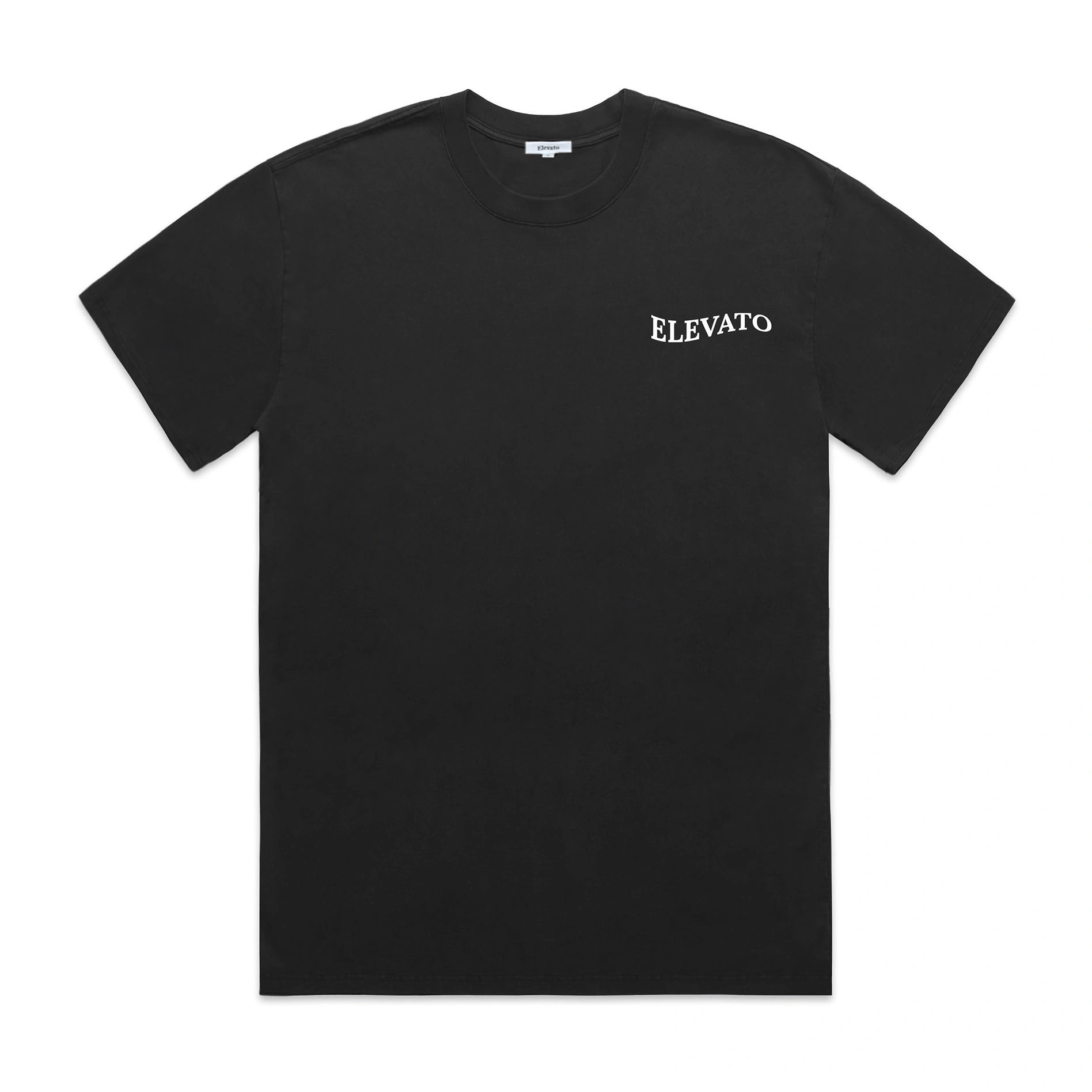 A black tee featuring a wavy Elevato logo on the left chest
