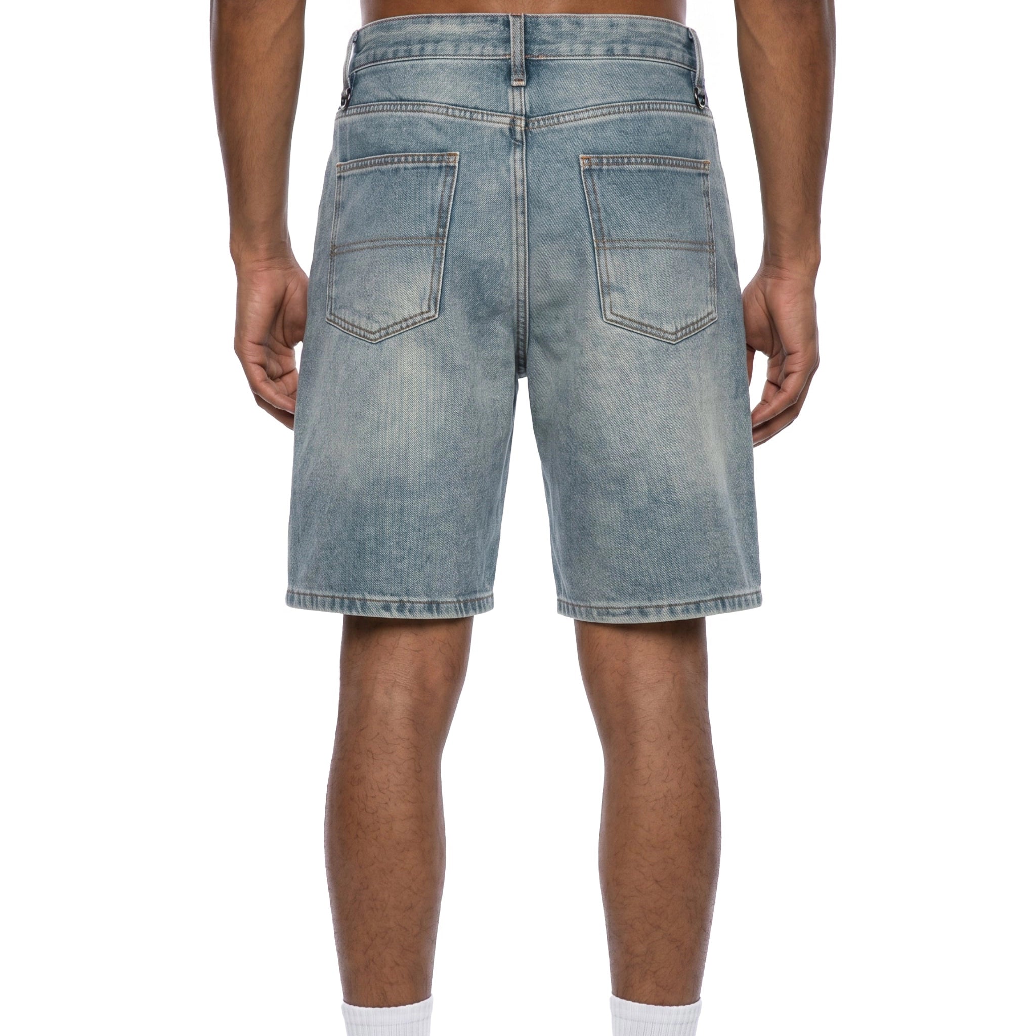 Rear view of a person wearing light-wash blue denim shorts with a faded wash, shown against a plain white background.