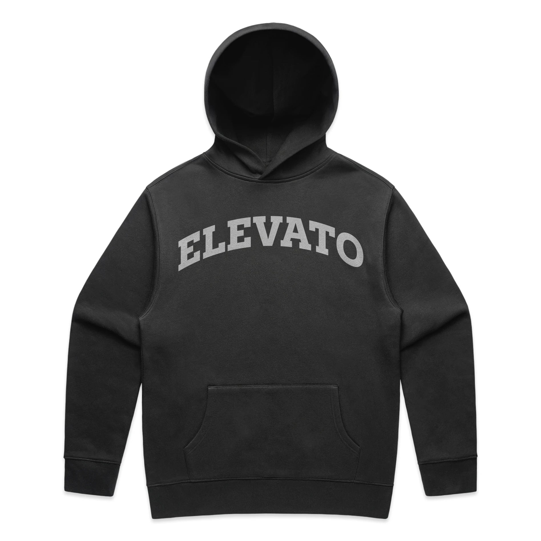 Black Arch Hoodie featuring the Elevato logo prominently on the front chest.