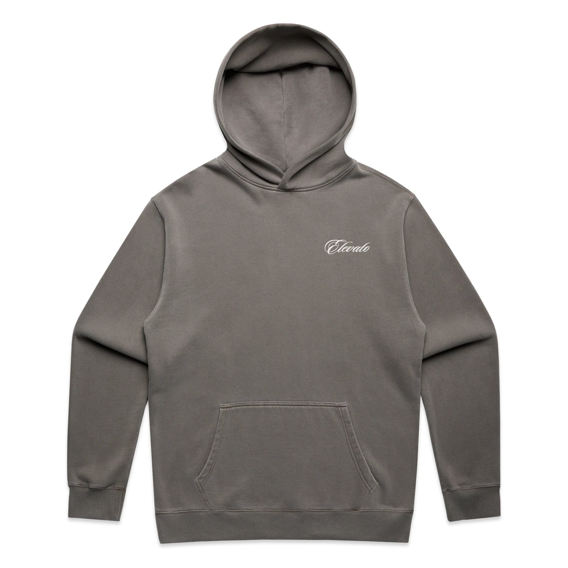 Gray Script Hoodie featuring the cursive Elevato logo on the left chest