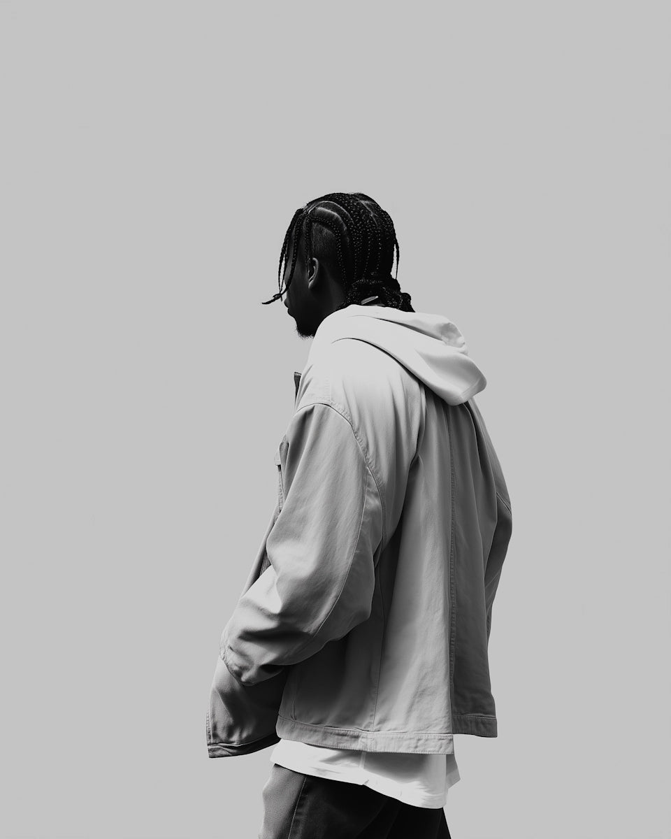 Person wearing a light-colored jacket and hoodie on a plain background