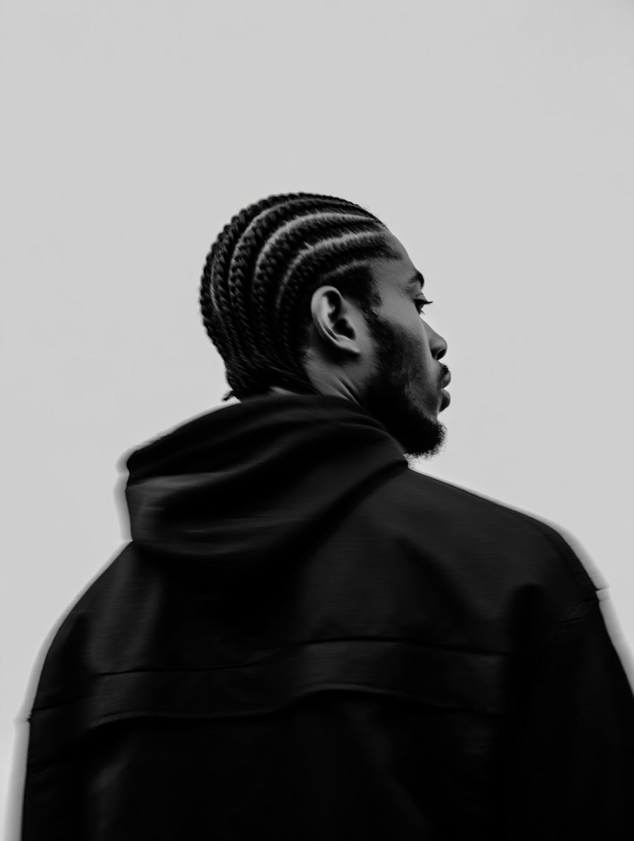 Person wearing a black hoodie against a light gray background
